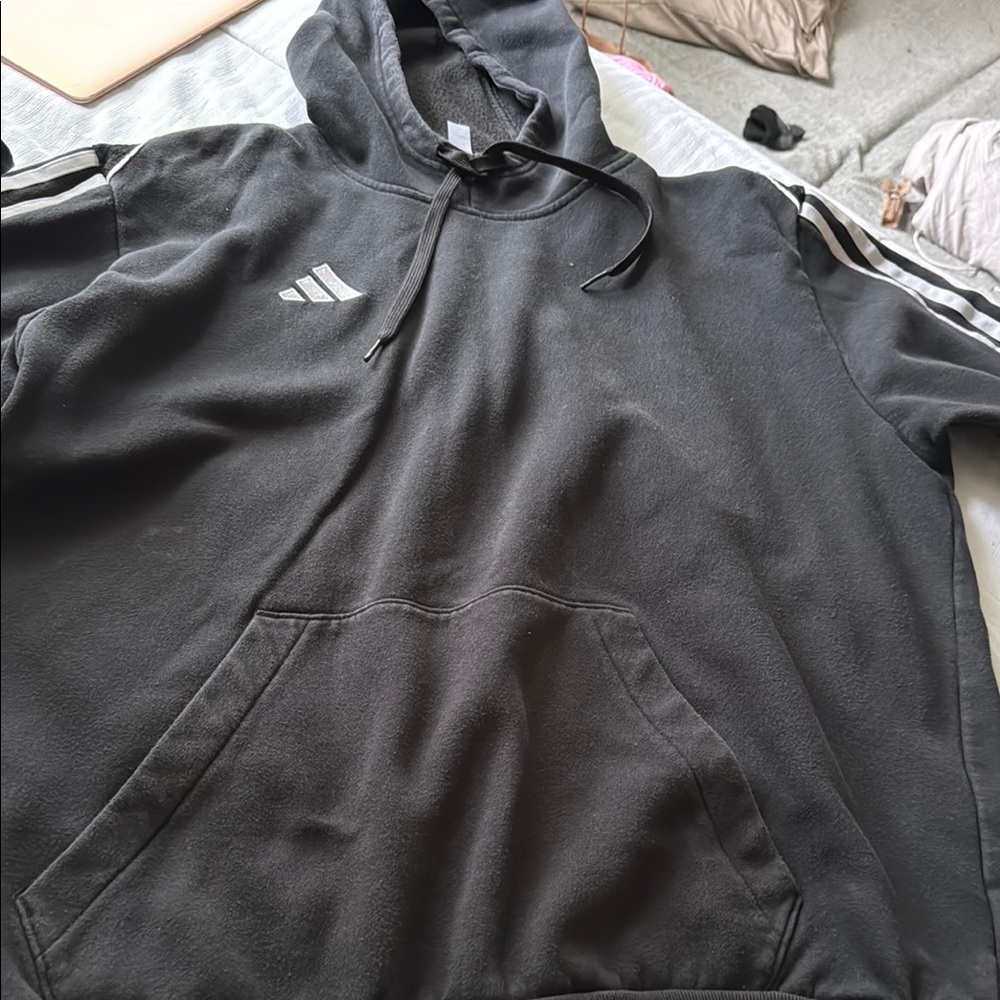 Adidas Men's Black Hoodie with White Stripes